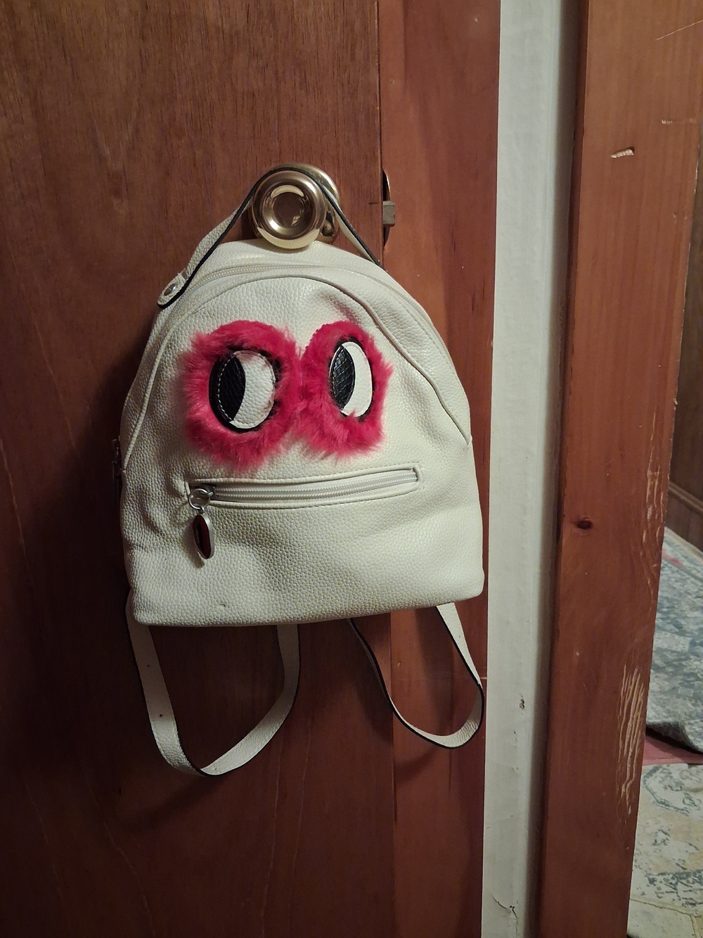 Sam Edelman White Mini Backpack with Pink Fur Eye Detail
